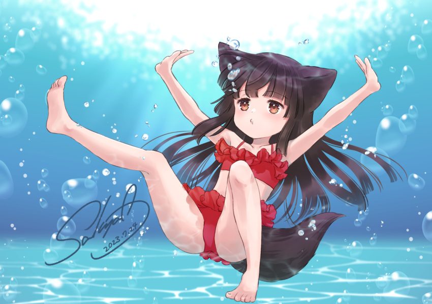 1girl amano_sakuya animal_ear_fluff animal_ears arms_up barefoot bikini black_hair blunt_bangs brown_eyes bubble closed_mouth feet fox_ears fox_girl fox_tail frilled_bikini frills holding_breath leg_up legs long_hair original outstretched_arms red_bikini soles solo spread_legs swimsuit tail thighs toes underwater water
