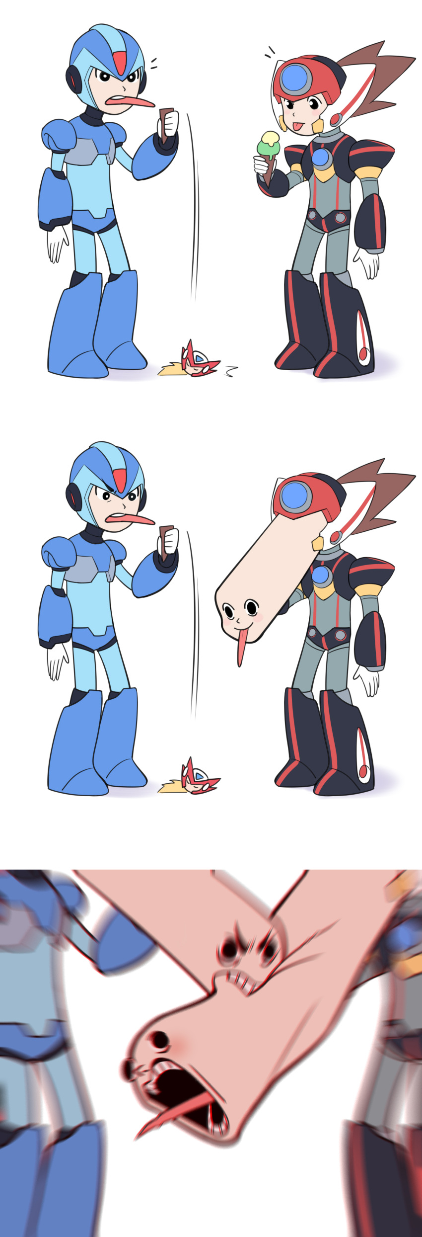 2boys :p absurdres android axl_(mega_man) biting black_eyes blonde_hair brown_hair buzzsaw_(6631455) commentary_request eating food full_body helmet highres ice_cream long_hair male_focus mega_man_(series) mega_man_x_(series) multiple_boys screaming simple_background tongue tongue_out white_background x_(mega_man) zero_(mega_man)