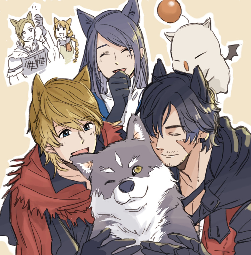 2girls 3boys animal_ears beard_stubble black_gloves black_hair blonde_hair chinstrap_beard clive_rosfield dion_lesage final_fantasy final_fantasy_xvi gloves grey_hair grey_wolf group_hug highres hug jill_warrick joshua_rosfield midadol_telamon moogle multiple_boys multiple_girls mustache_stubble one_eye_closed smile t_(t345678912) torgal_(ff16) upper_body wolf wolf_ears