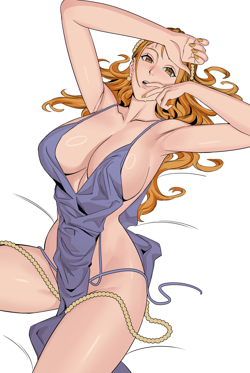 1girl absurdres arm_on_head armpits arms_up blue_dress breasts brown_eyes collarbone dress groin highres large_breasts long_hair looking_at_viewer lying nami_(one_piece) on_back one_piece open_mouth orange_hair orange_nails pelvic_curtain plunging_neckline solo thighs uukkaa wavy_hair white_background