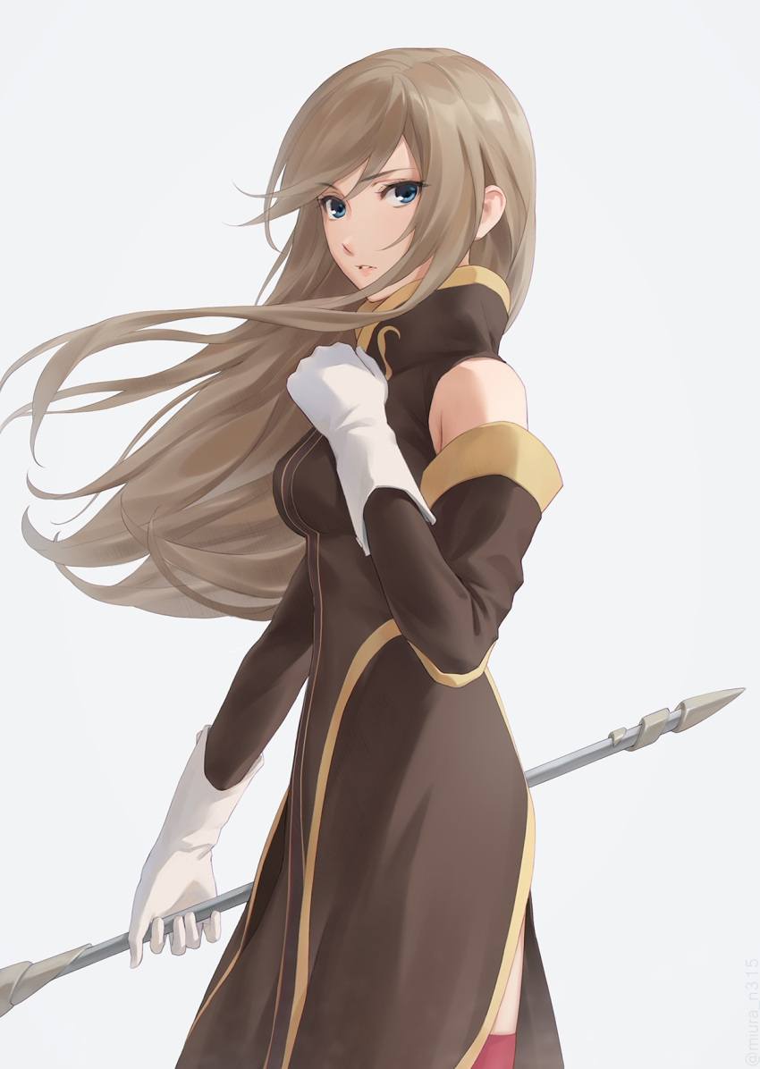 1girl bare_shoulders blue_eyes breasts brown_dress brown_hair brown_sleeves cowboy_shot detached_sleeves dress floating_hair from_side gloves grey_background hair_behind_ear high_collar highres holding holding_staff long_hair looking_at_viewer looking_to_the_side medium_breasts miura-n315 parted_lips red_thighhighs sidelocks simple_background solo staff swept_bangs tales_of_(series) tear_grants thighhighs twitter_username white_gloves