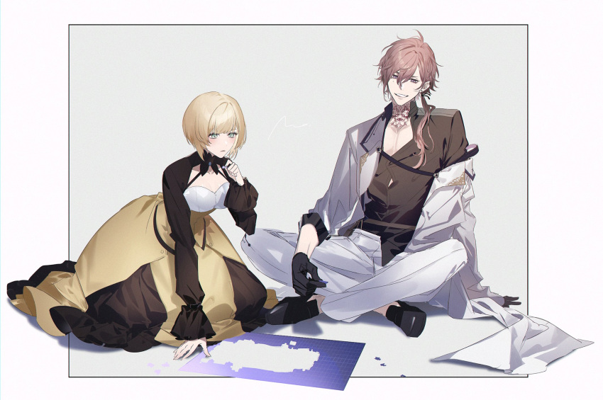 1boy 1girl anno_meiji black_footwear black_gloves black_shirt blonde_hair brown_eyes ceres_(shuuen_no_virche) dress full_body gloves green_eyes highres jacket light_brown_hair long_sleeves low_side_ponytail mole mole_under_eye pants puzzle scien_brofiise shirt shoes short_hair shuuen_no_virche smile teeth white_jacket white_pants