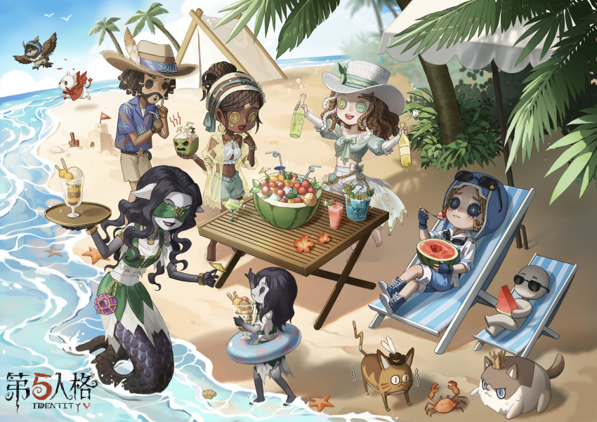 1boy 1other 5girls :3 absurdres alcohol anger_vein barefoot beach beach_chair beach_umbrella belt bendy_straw bikini bikini_top_only bird black_eyes black_hair black_skin blindfold blonde_hair blue_eyes blue_gloves blue_shirt bottle bucket button_eyes cat chibi cocktail_umbrella coconut collared_shirt colored_skin copyright_name crab cup dark-skinned_female dark_skin demi_bourbon demi_bourbon_(sea_salt_mocktail) dog dreadlocks drinking_glass drinking_straw earrings eating facial_hair finger_to_mouth fingerless_gloves flower food frilled_shorts frills fruit gloves goatee gradient_skin green_blindfold grey_skin hair_bun hat hat_feather hibiscus highres holding holding_bottle holding_drinking_straw holding_spoon holding_tray hoop_earrings ice ice_cube identity_v innertube jewelry kevin_ayuso kevin_ayuso_(island_tourist) kiwi_(fruit) kiwi_slice lamia lemon lemon_slice light_particles logo long_hair medium_hair mini_flag monster_girl multicolored_hair multiple_bracelets multiple_girls mustache necklace official_art outdoors owl palm_tree patricia_dorval patricia_dorval_(tropical_holiday) purple_lips red_lips sand sand_castle sand_sculpture scales seashell shell shell_necklace shirt short_hair short_sleeves shorts shushing simple_bird single_hair_bun spoon standing standing_on_one_leg starfish strapless strapless_bikini sun_hat sunglasses sweat swimsuit table third-party_source torn_clothes torn_shirt tracy_reznik tracy_reznik_(island_guide) tray tree trembling trowel two-tone_hair umbrella undershirt very_dark_skin wading watermelon white_bikini white_hair white_headwear white_shirt yellow_gloves yidhra_(identity_v) yidhra_(tropical_dream)_(identity_v)