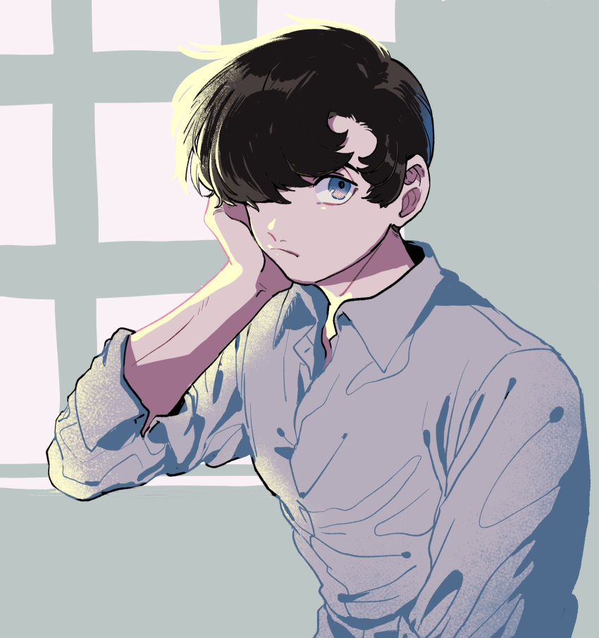 1boy black_hair blue_eyes closed_mouth collared_shirt expressionless hair_over_one_eye hand_on_own_cheek hand_on_own_face head_rest highres husagin looking_at_viewer male_focus open_collar parted_hair partially_unbuttoned rock_(character) shirt short_hair simple_background sleeves_past_elbows solo star_system white_shirt window windowsill