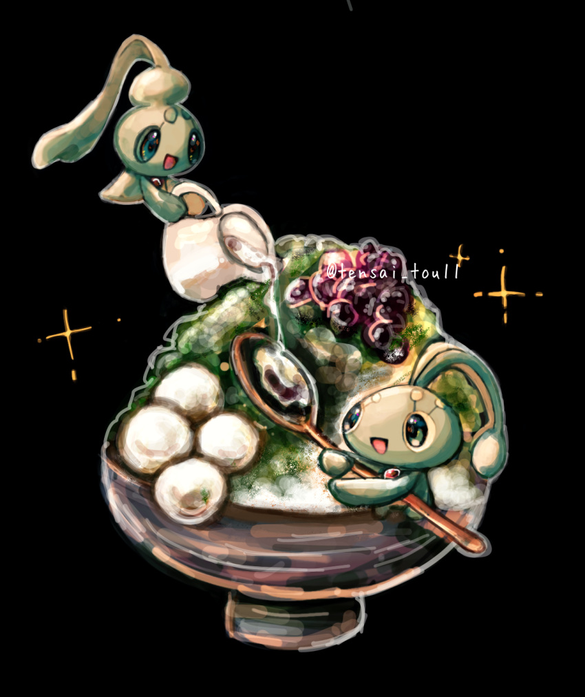 animal_focus artist_name black_background blue_eyes bowl chest_jewel commentary dessert floating food food_focus gem happy highres holding holding_spoon manaphy minimized no_humans open_mouth phione pitcher_(container) pokemon pokemon_(creature) pouring red_gemstone shaved_ice signature simple_background smile sparkle spoon symbol-only_commentary syrup tensaitou_tou twitter_username
