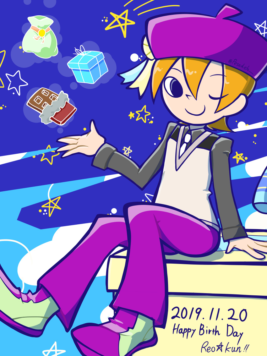 1boy absurdres brown_hair candy celosia_mallia chocolate chocolate_bar dated food gift grey_shirt happy_birthday hat highres long_sleeves male_focus necktie official_style one_eye_closed pants pop'n_music purple_headwear purple_pants reo-kun shirt shoes shooting_star short_hair sitting smile sneakers star_(symbol) vest white_necktie
