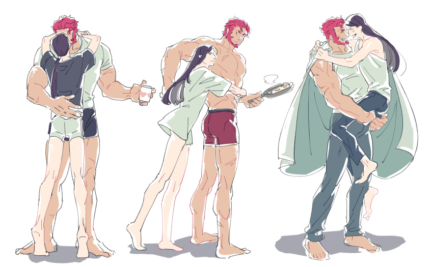 2boys bara beard black_hair black_pants black_shirt boxer_briefs carrying carrying_person closed_eyes facial_hair fate_(series) frying_pan grey_pants holding holding_frying_pan hug hug_from_behind iskandar_(fate) jeje_(pixiv12541114) kiss large_pectorals long_hair lord_el-melloi_ii lord_el-melloi_ii_case_files male_focus male_underwear multiple_boys muscular muscular_male open_mouth pants pectorals red_hair red_male_underwear shirt short_hair simple_background smile tank_top underwear waver_velvet white_background white_male_underwear white_tank_top yaoi