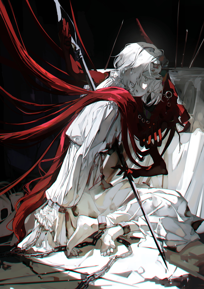 1girl absurdres barefoot blood blood_on_clothes cape chain chained chromatic_aberration cuffs dress guro half-closed_eyes handcuffs head_tilt highres impaled long_dress long_sleeves looking_at_viewer original parted_lips personification red_cape short_hair sitting sleeves_past_wrists solo sword syokuuuuuuuuumura toes wariza weapon white_dress white_hair