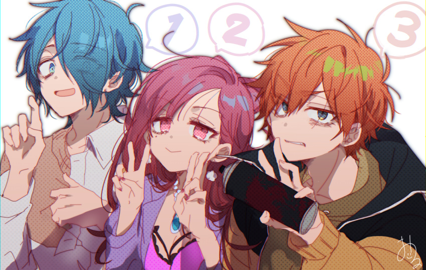 1girl 2boys blue_eyes blue_hair hair_over_one_eye highres kajiyama_fuuta kao_ru05 kashiki_yuno long_hair looking_at_viewer milgram mole mole_under_eye multiple_boys one_eye_covered orange_hair pink_eyes red_hair sakurai_haruka_(milgram) speech_bubble spoken_number spray_can v white_background