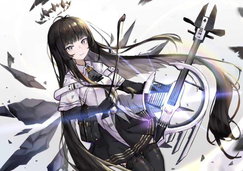 1girl antenna_hair arknights ascot belt belt_buckle belt_pouch black_ascot black_belt black_eyes black_garter_straps black_gloves black_hair black_halo black_pouch black_skirt black_sleeves black_thighhighs black_wings blunt_bangs bow_(music) breasts bright_pupils broken_halo buckle cello closed_mouth collared_jacket colored_inner_hair commentary cowboy_shot dark_halo detached_wings dutch_angle energy_wings eyelashes floating_hair from_side garter_straps glint gloves grey_hair grey_shirt halo hands_up hime_cut holding holding_instrument holding_violin instrument jacket layered_sleeves lens_flare long_hair long_sleeves looking_at_viewer looking_to_the_side miniskirt multicolored_hair pale_skin pleated_skirt pouch rainbow_(pixiv_66183854) shirt short_over_long_sleeves short_sleeved_jacket short_sleeves sidelocks simple_background skirt smile solo standing symbol-only_commentary thighhighs two-tone_hair very_long_hair violin virtuosa_(arknights) white_background white_belt white_jacket white_pupils wide_sleeves wing_collar wings