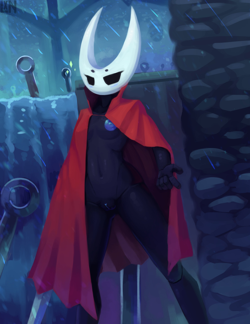 2023 absurd_res anthro arthropod black_body blush breasts cloak_only clothed clothing cyanotic_epithelium digital_media_(artwork) fecharis female genitals half-closed_eyes hi_res hollow_knight hornet_(hollow_knight) insect lennoxicon narrowed_eyes navel nipples outside pussy raining solo standing team_cherry