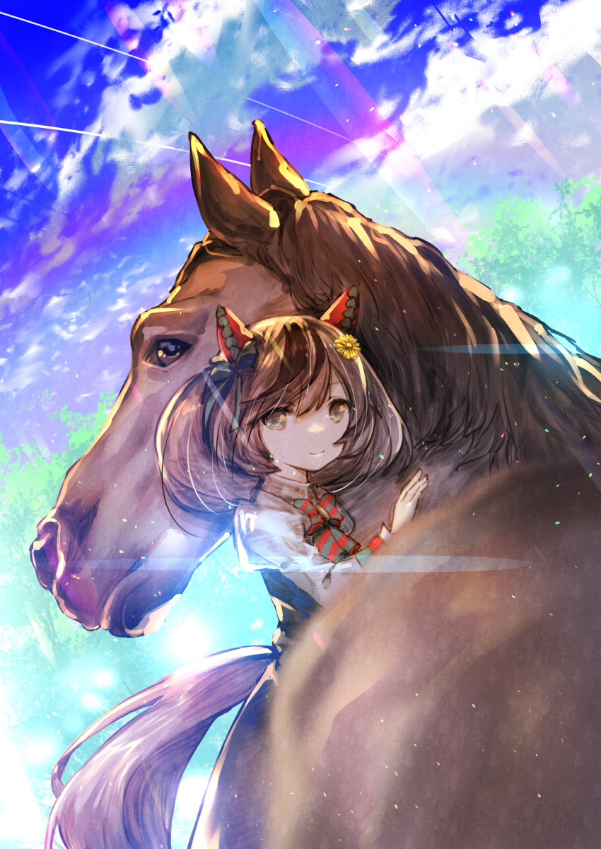 absurdres animal_ears blurry blurry_foreground bow brown_eyes brown_hair cloud creature_and_personification depth_of_field dress hair_ornament hairpin highres horse horse_ears horse_girl horse_tail lens_flare mane nice_nature_(racehorse) nice_nature_(umamusume) sky smile tail twintails umamusume usapenpen2019