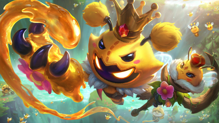 2boys absurdres alien bee bee'maw bee_wings beemo bug cat claws crown flying glowing glowing_eyes grass highres holding holding_staff honey kog'maw league_of_legends multiple_boys official_alternate_costume official_art outdoors solo_focus staff teemo tree veigar wings yellow_eyes yordle yuubee yuumi_(league_of_legends)