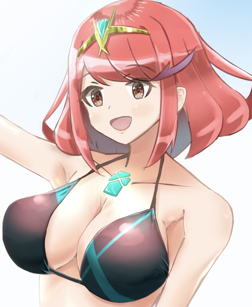 1girl :d adapted_costume alternate_costume bikini black_bikini breasts chest_jewel cleavage core_crystal_(xenoblade) highres kanuici336 large_breasts pyra_(xenoblade) red_eyes red_hair short_hair smile solo swept_bangs swimsuit tiara two-tone_swimsuit xenoblade_chronicles_(series) xenoblade_chronicles_2