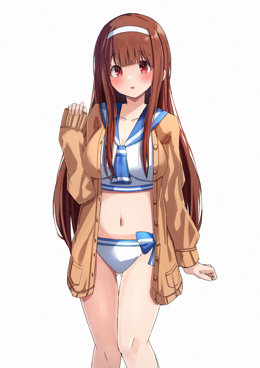 :o absurdres ass bikini bikini_under_clothes blush breasts brown_cardigan brown_hair cardigan cleavage collarbone feet_out_of_frame hairband highres idolmaster idolmaster_million_live! large_breasts looking_at_viewer navel red_eyes sailor_bikini sailor_collar sailor_swimsuit_(idolmaster) simple_background stomach swimsuit tabii tanaka_kotoha thigh_gap white_background white_hairband