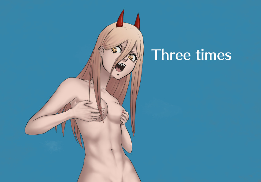 absurd_res areola blonde_hair blue_background breasts chainsaw_man covering covering_breasts dialogue enzea female hair hi_res horn horned_humanoid humanoid long_hair navel not_furry nude open_mouth pink_areola power_(chainsaw_man) pupils red_horn sharp_teeth simple_background small_breasts solo tan_body tan_skin teeth text unusual_pupils wide_hips yellow_eyes
