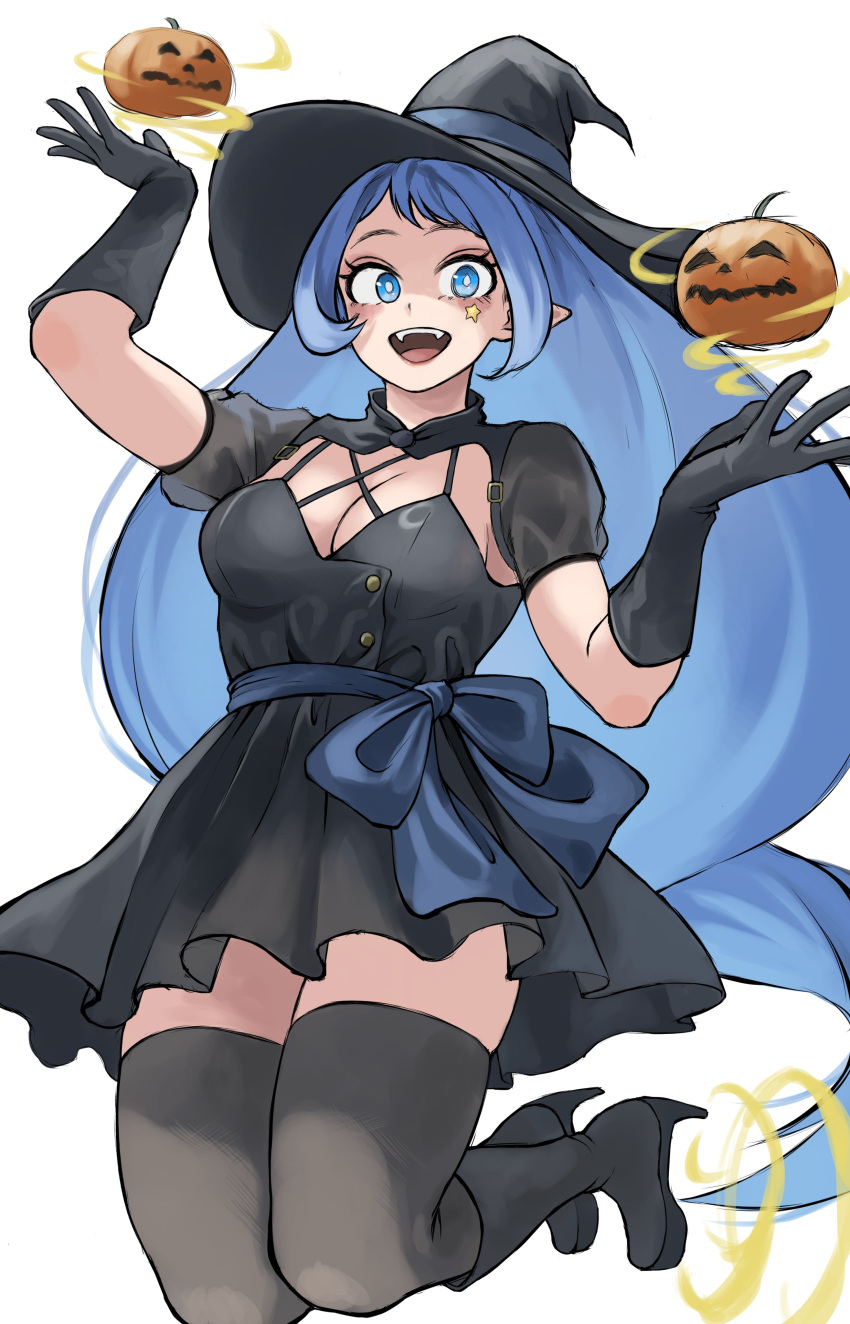 1girl :d absurdres alternate_costume black_dress black_footwear black_gloves black_thighhighs blue_eyes blue_hair blue_ribbon boku_no_hero_academia breasts cleavage dress energy fengling_(furin-jp) floating floating_object gloves hadou_nejire hat high_heels highres jack-o'-lantern light_blue_hair long_hair looking_at_viewer medium_breasts midair open_mouth pointy_ears ribbon smile solo thighhighs unfinished very_long_hair white_background witch witch_hat
