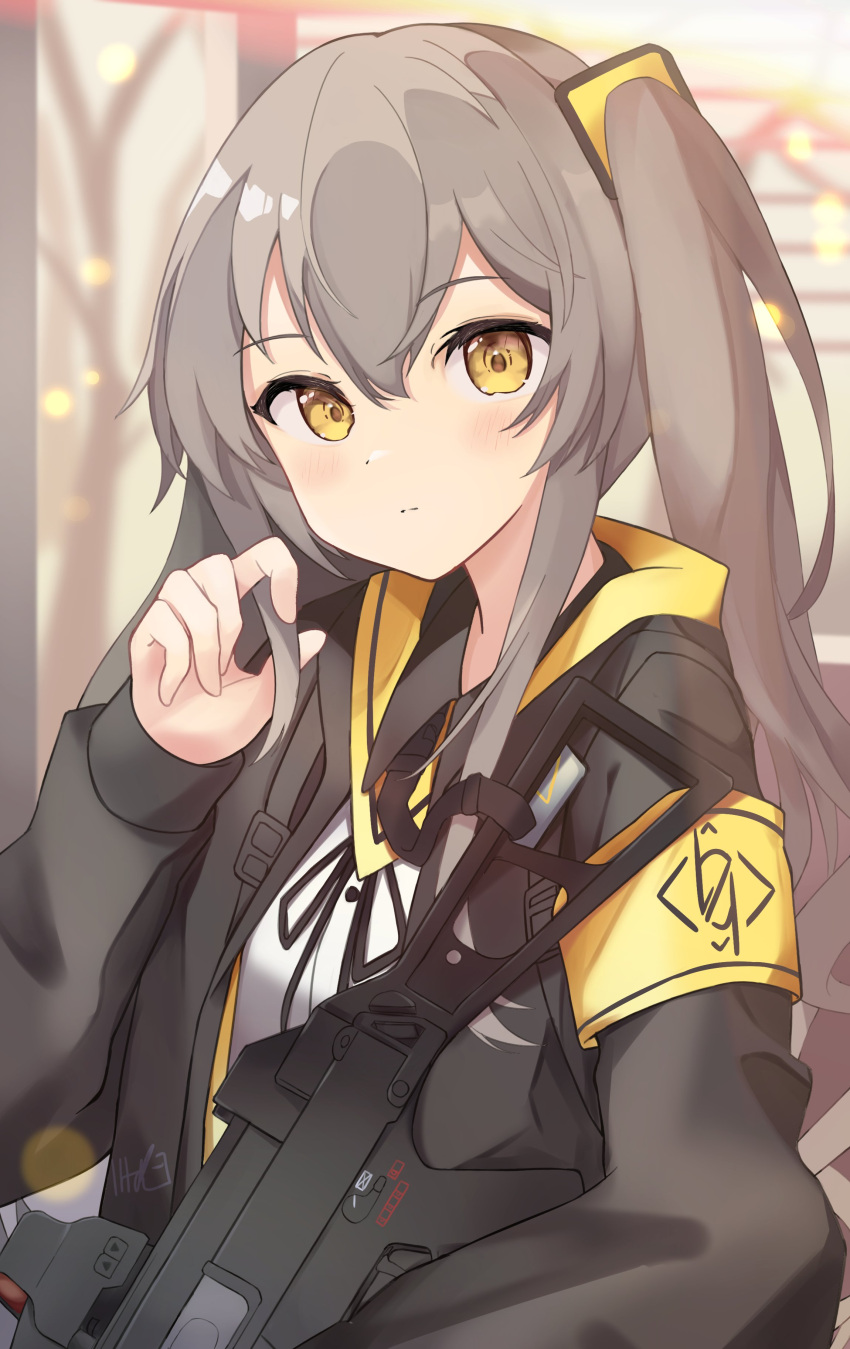 1girl absurdres black_jacket black_ribbon blurry blurry_background breasts closed_mouth depth_of_field girls'_frontline grey_hair gun h&amp;k_ump hair_ornament hand_up highres jacket kiritapon_(ihoke_) long_hair long_sleeves looking_at_viewer name_connection neck_ribbon object_namesake one_side_up open_clothes open_jacket puffy_long_sleeves puffy_sleeves ribbon shirt sleeves_past_wrists small_breasts solo submachine_gun ump45_(girls'_frontline) upper_body weapon white_shirt yellow_eyes