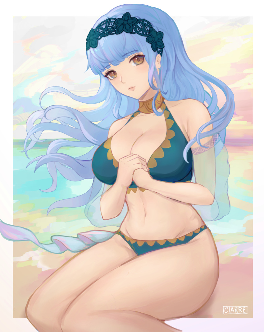 1girl bare_shoulders bikini blue_bikini blue_hair blue_hairband brown_eyes ciarre commentary_request fire_emblem fire_emblem:_three_houses fire_emblem_heroes groin hairband highres long_hair looking_at_viewer marianne_von_edmund navel outdoors own_hands_together sitting solo stomach swimsuit thighs very_long_hair wariza