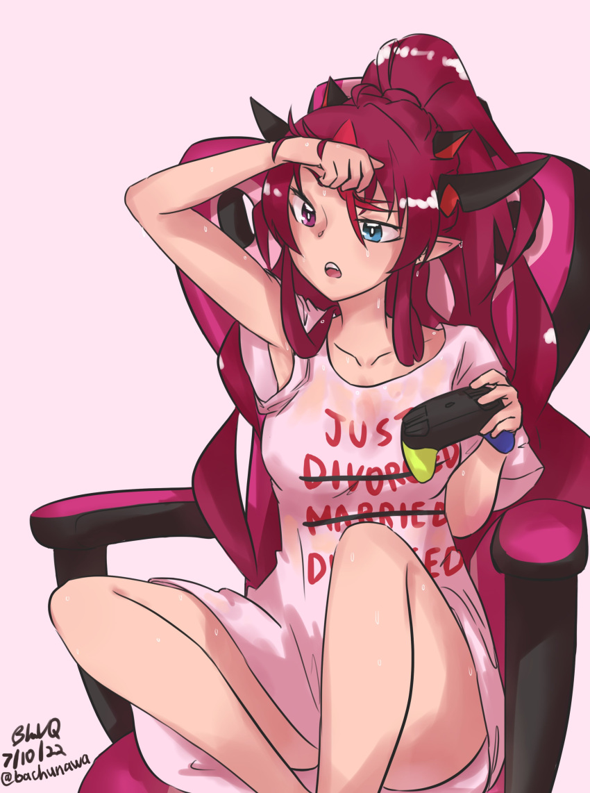 1girl absurdres arm_up armpits bachunawa bare_legs chair collarbone controller dated english_text game_controller heterochromia highres hololive hololive_english horns irys_(hololive) knees_up long_hair looking_down open_mouth pink_background pink_hair ponytail see-through shirt signature simple_background sitting sweat sweaty_clothes t-shirt wiping_forehead wiping_sweat