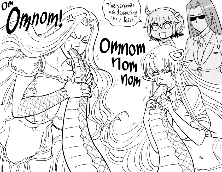 4girls absurdres anger_vein bb_(baalbuddy) breasts chewing claw_pose confrontation crossover fang fate/grand_order fate_(series) fujimaru_ritsuka_(female) gorgon_(fate) hair_ornament hairclip highres lamia large_breasts long_hair medusa_(fate) miia_(monster_musume) monster_girl monster_musume_no_iru_nichijou ms._smith multiple_girls navel pointy_ears riyo_(lyomsnpmp)_(style) scales shirt sound_effects sunglasses tied_shirt very_long_hair