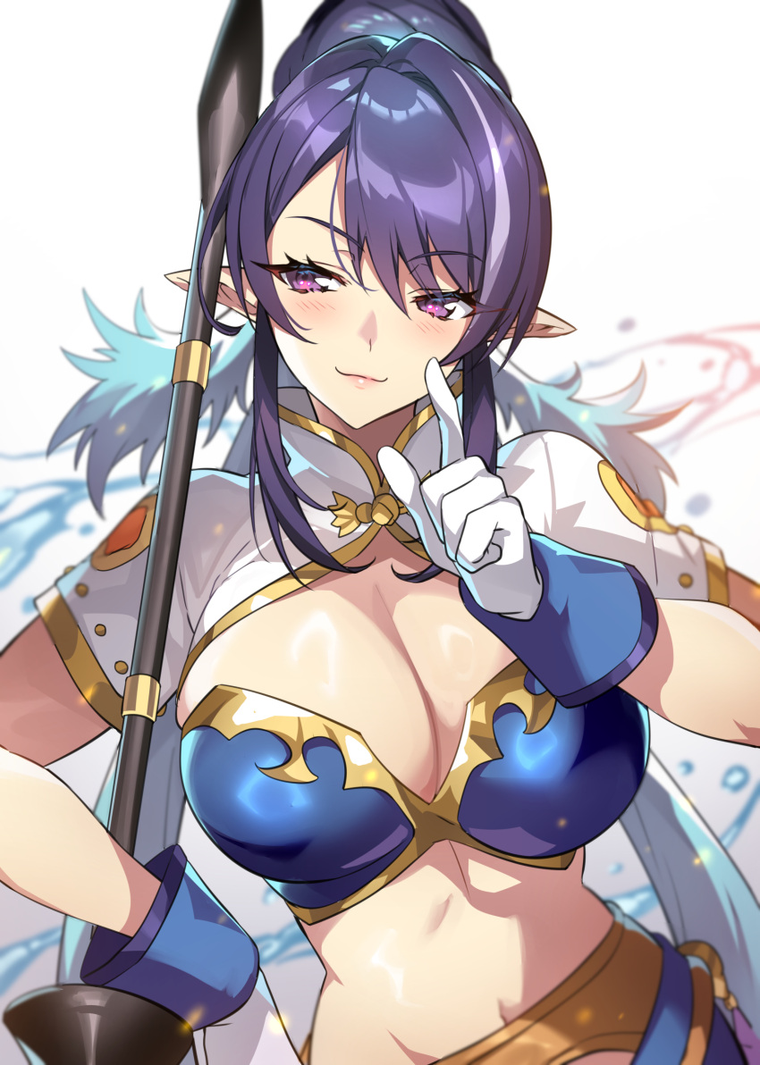 1girl absurdres blush breasts cleavage commentary_request gloves gradient_background gradient_hair hand_up highres holding judith_(tales) large_breasts lips long_hair midriff multicolored_hair navel pointy_ears polearm purple_eyes purple_hair seductive_smile senri_gan shiny_clothes shiny_skin short_sleeves simple_background smile solo stomach tales_of_(series) tales_of_vesperia upper_body weapon white_gloves white_hair