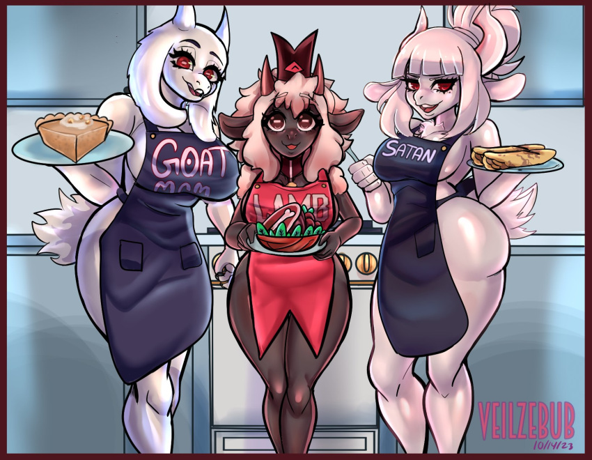 anthro apron apron_only beauty_mark bell bell_collar big_breasts boss_monster bovid breasts brown_eyes caprine cleavage clothed clothing collar crown cult_of_the_lamb eyelashes female floppy_ears food fur goat goat_lucifer_(helltaker) grey_body grey_fur group headgear helltaker hi_res holding_food holding_object horizontal_pupils horn huge_breasts lamb_(cult_of_the_lamb) looking_at_viewer lop_ears mammal markings mole_(marking) open_mouth open_smile pupils purple_apron red_apron red_eyes red_horn sheep side_boob smile thick_thighs toriel trio undertale undertale_(series) veilzebub white_body white_fur wide_hips