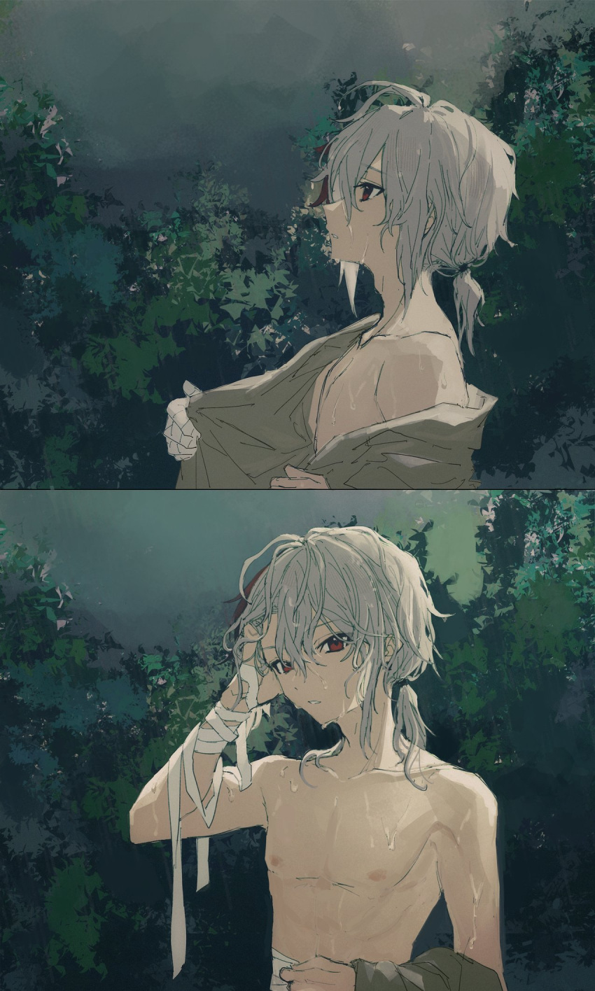 1boy aimieria bandaged_arm bandages genshin_impact grey_hair hair_between_eyes hand_in_own_hair highres kaedehara_kazuha looking_at_viewer low_ponytail male_focus multicolored_hair multiple_views nipples outdoors ponytail red_eyes red_hair topless_male wet wet_hair