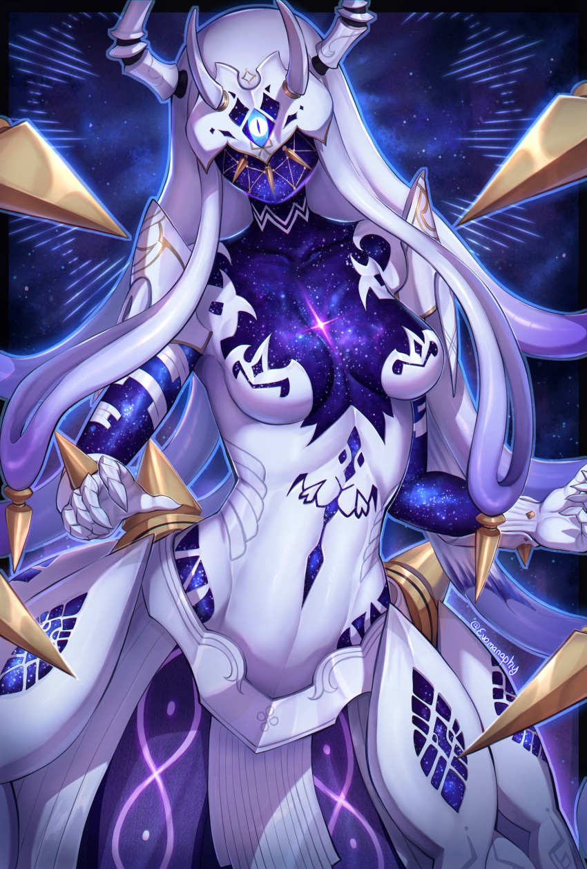 1girl absurdres breasts cleavage dress evomanaphy fire_emblem fire_emblem_heroes ginnungagap_(fire_emblem) gloves highres horns looking_at_viewer one-eyed small_breasts solo spiked_gloves tentacle_hair white_dress white_eyes white_gloves white_hair white_mask