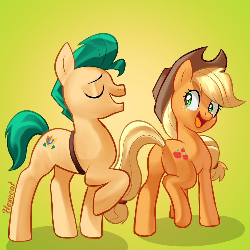 absurd_res applejack_(mlp) blonde_hair butt clothing cowboy_hat duo equid equine eyes_closed female feral freckles friendship_is_magic fur green_hair hair hasbro hat headgear headwear hexecat hi_res hitch_trailblazer_(mlp) horse male male/female mammal mlp_g5 my_little_pony orange_body orange_fur pony smile yellow_body yellow_fur