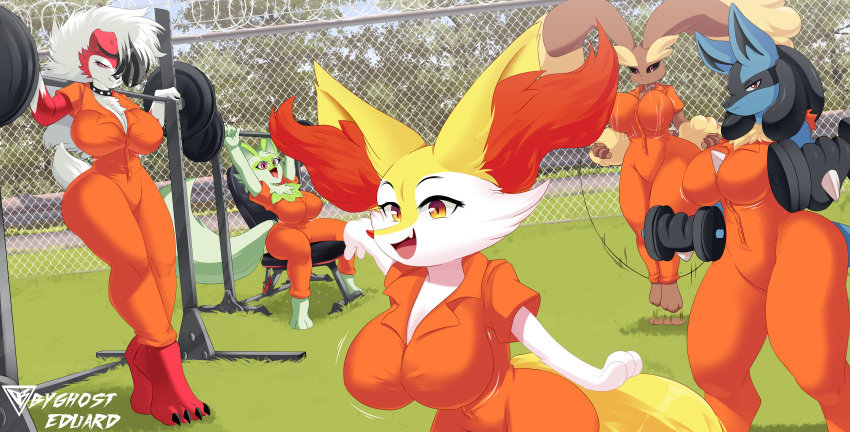 absurd_res anthro big_breasts blue_body braixen breasts brown_body byghosteduard canid canine canis clothing domestic_dog ears_up felid feline female field fox generation_4_pokemon generation_6_pokemon generation_7_pokemon generation_9_pokemon green_background green_body group group_picture happy hi_res lagomorph leporid lopunny lucario lycanroc mammal midnight_lycanroc nintendo orange_clothing orange_eyes pokemon pokemon_(species) prison prison_uniform rabbit rabbit_ears red_body red_eyes shaded simple_background simple_shading smile smiling_at_viewer sprigatito tail training uniform white_body yellow_body