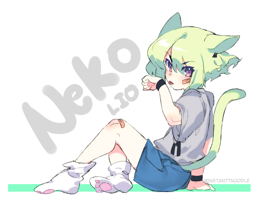 1boy animal_ears bandaid bandaid_on_face bandaid_on_knee bandaid_on_leg black_wristband blue_shorts cat_boy cat_ears cat_tail character_name earrings from_side green_hair grey_shirt highres instanttnoodle jewelry kemonomimi_mode licking licking_hand light_blush lio_fotia looking_at_viewer male_focus otoko_no_ko paw_socks promare purple_eyes shirt short_hair shorts simple_background single_earring sitting solo tail tongue tongue_out triangle_earrings white_background