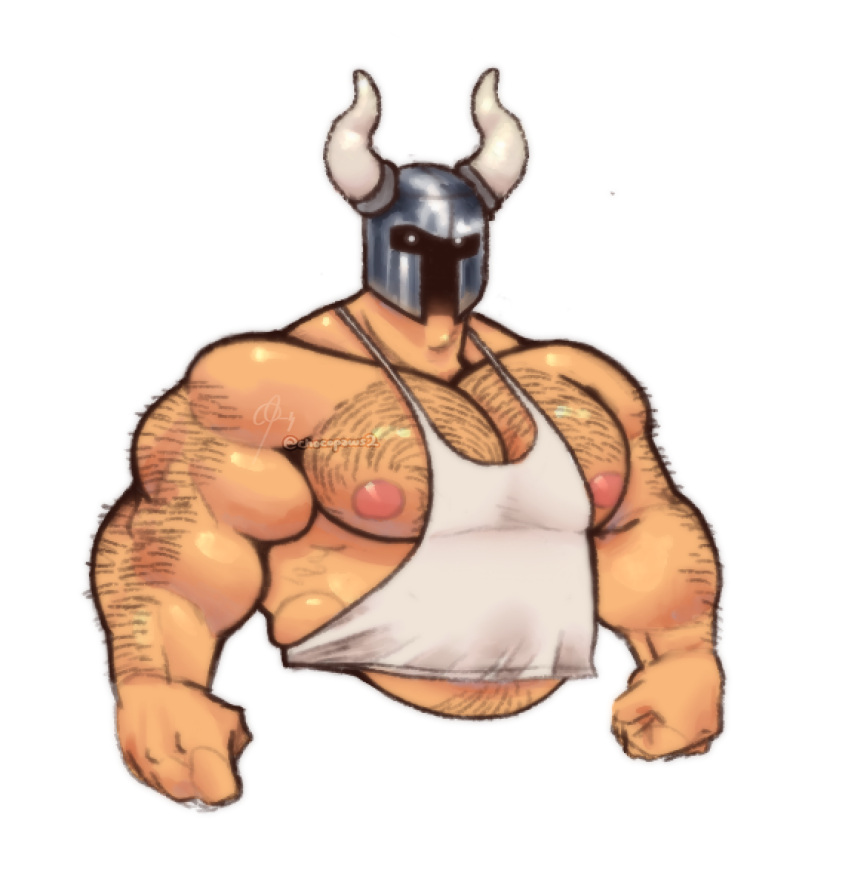 arm_hair armor biceps big_pecs body_hair chest_hair chocopaws2 eyebrows glowing glowing_eyes headgear headgear_only helmet helmet_only horn horned_helmet humanoid ill_fitting_clothing knight looking_at_viewer male muscular nipples pecs raised_eyebrow slightly_chubby small_clothing solo warrior