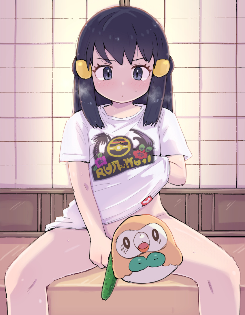 0_0 1girl akari_(pokemon) black_hair blush bottomless breath bright_pupils closed_mouth commentary_request cucumber eyelashes grey_eyes hair_ornament hairclip highres knees kutabireta_neko long_hair looking_down pokemon pokemon_(creature) pokemon_(game) pokemon_legends:_arceus print_shirt rowlet shirt short_sleeves sidelocks sitting spread_legs sweat t-shirt white_shirt