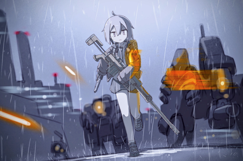 1girl 3others ahoge ankle_socks battlefield_(series) battlefield_4 blue_theme bolt_action cheytac_m200 cross dinergate_(girls'_frontline) english_commentary girls'_frontline gun hair_between_eyes handgun highres holding holding_weapon jacket lens_flare long_sleeves looking_at_viewer m200_(girls'_frontline) manticore_(girls'_frontline) medium_hair monochrome multiple_others necktie nemeum_(girls'_frontline) open_mouth player193 pleated_skirt rain rifle running scope shirt shoes skirt sniper_rifle socks trigger_discipline weapon