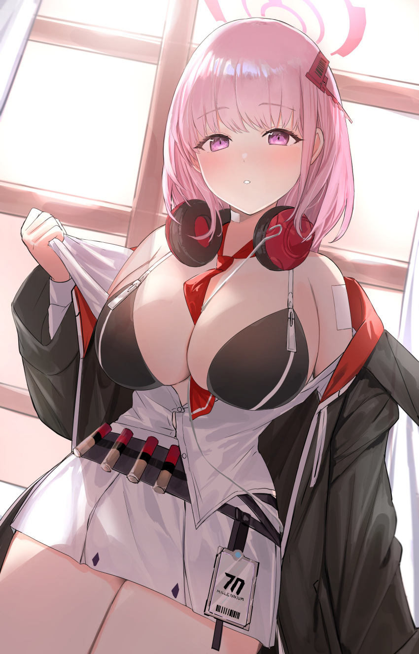 1girl absurdres bandaid bandaid_on_arm bandaid_on_neck between_breasts black_jacket blue_archive blush breasts eimi_(blue_archive) hair_ornament halo headphones headphones_around_neck highres id_card jacket large_breasts long_hair looking_at_viewer nakonbu necktie necktie_between_breasts off_shoulder open_clothes open_shirt pink_hair purple_eyes red_necktie shirt solo white_shirt zipper_bikini