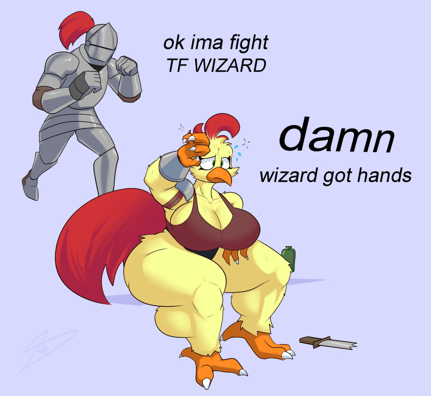 absurd_res anthro avian big_breasts bird bra breasts broken_sword chicken clothing cuff_(restraint) dreamerknight english_text female galliform gallus_(genus) gender_transformation hi_res human knight knight_armor male mammal meme ok_ima_fight phasianid restraints species_transformation text transformation underwear warrior wrist_cuffs