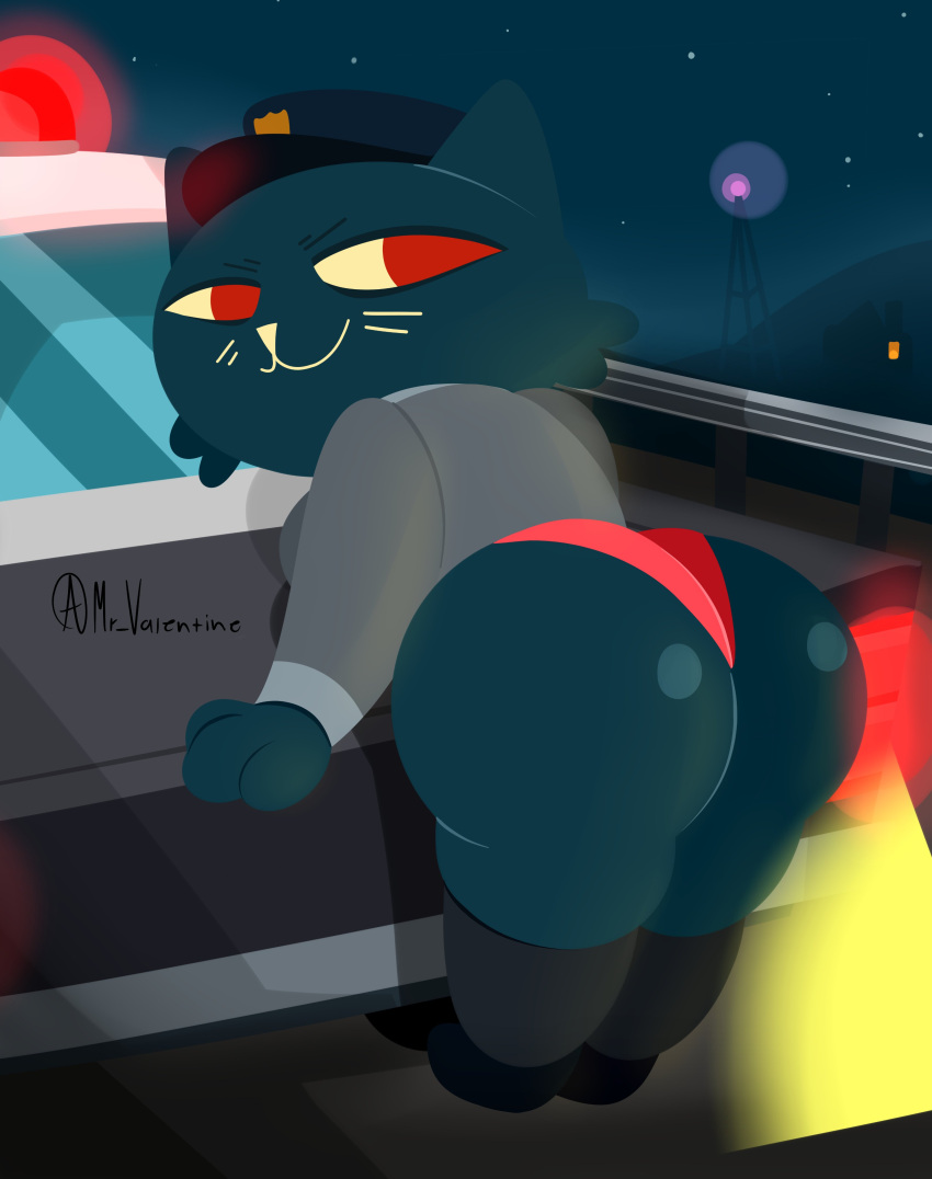 absurd_res anthro aunt_molly_(nitw) bent_over boots butt clothing cloudscape felid feline female footwear hi_res mammal mr_valentine00 night night_in_the_woods panties police_hat police_uniform rear_view sky solo underwear uniform vehicle