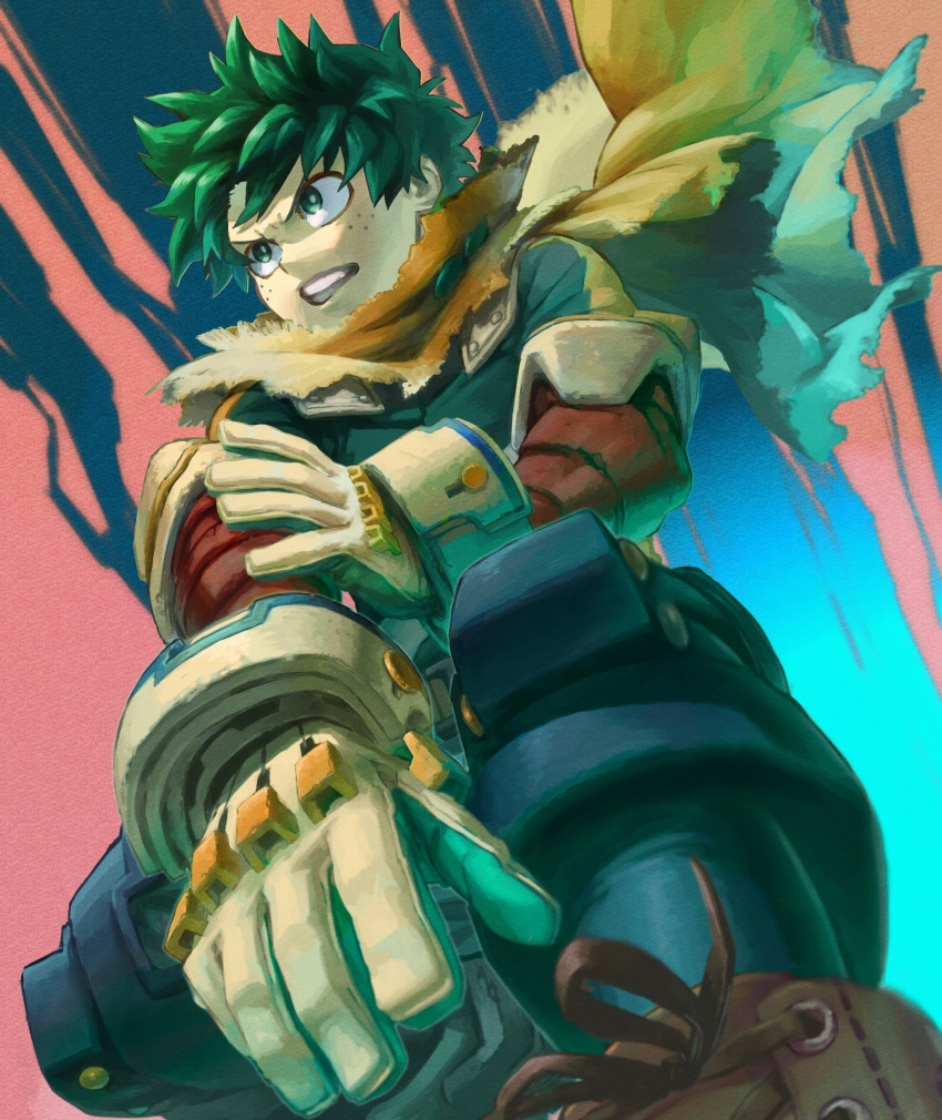 1boy absurdres aqua_bodysuit blue_background boku_no_hero_academia bright_pupils brown_footwear cape clenched_teeth commentary cross-laced_footwear feet_out_of_frame floating_cape foreshortening freckles from_below furrowed_brow gloves gradient_background green_gloves green_hair hand_on_own_arm hand_up highres leaning_forward looking_ahead looking_away male_focus midoriya_izuku multicolored_background official_alternate_costume outstretched_arm pink_background serious short_hair solo spoilers squatting teeth torn_cape torn_clothes v-shaped_eyebrows white_gloves white_pupils yellow_cape yomoyama_yotabanashi