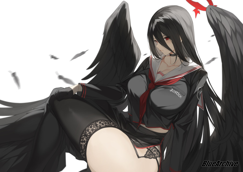 1girl absurdres black_gloves black_hair black_serafuku black_shirt black_skirt black_thighhighs black_wings blue_archive blush breasts choker crop_top feathered_wings feathers garter_belt garter_straps gloves hair_between_eyes halo hasumi_(blue_archive) highres large_breasts long_hair long_skirt long_sleeves looking_at_viewer mole mole_under_eye neckerchief pleated_skirt red_eyes red_neckerchief sailor_collar school_uniform serafuku shirt side_slit skirt solo thighhighs thighs very_long_hair white_sailor_collar wings yykuaixian