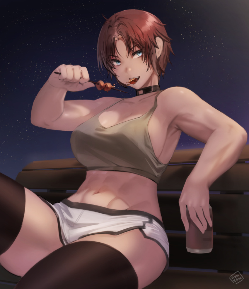 1girl abs beer_can bench black_choker black_thighhighs blue_eyes breasts brown_hair brown_tank_top can choker cleavage commentary crop_top dolphin_shorts eating english_commentary food highres holding holding_food hunyan kebab large_breasts leg_up meat midriff muscular muscular_female navel night open_mouth original short_hair short_shorts shorts sideboob sierra_(hunyan) sitting sky sleeveless solo star_(sky) starry_sky tank_top thick_thighs thighhighs thighs