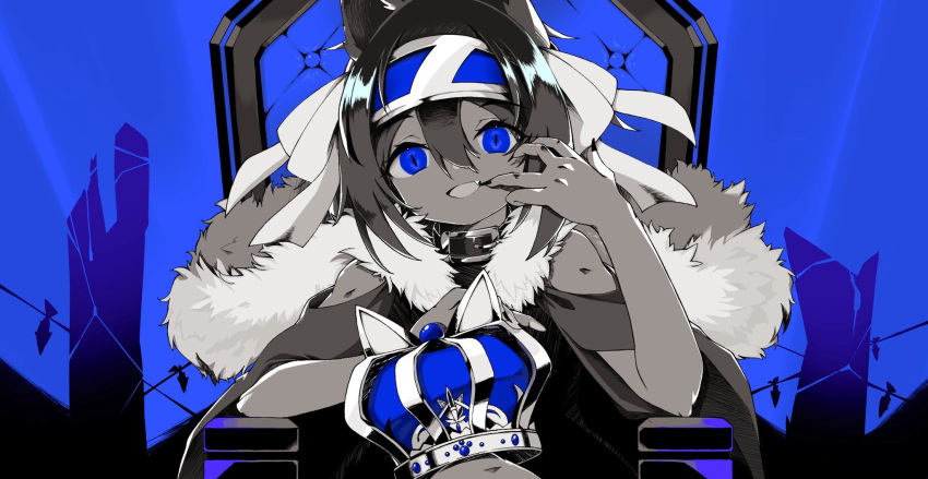 1girl atsu_toushirou_(tenka_hyakken) bare_shoulders blue_background blue_eyes blue_theme cape capelet clothing_cutout crown english_text fang fingernails fur-trimmed_cape fur_trim greyscale_with_colored_background hair_between_eyes hair_ribbon hairband highres jewelry long_fingernails looking_at_viewer mikanbako320 open_mouth out_of_frame ribbon short_hair shoulder_cutout shoulder_rest sidelocks solo tenka_hyakken throne