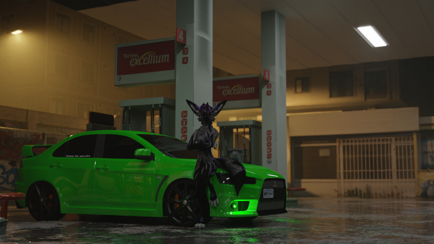 16:9 3d_(artwork) anthro blender_(software) blender_cycles canid canine canis car digital_media_(artwork) eddie_(zephyr_the_yeen) evo fox fur gas_station hair lancer male mammal mitsubishi outside rexouium smile solo vehicle widescreen zephyr_the_hyena_(artist)