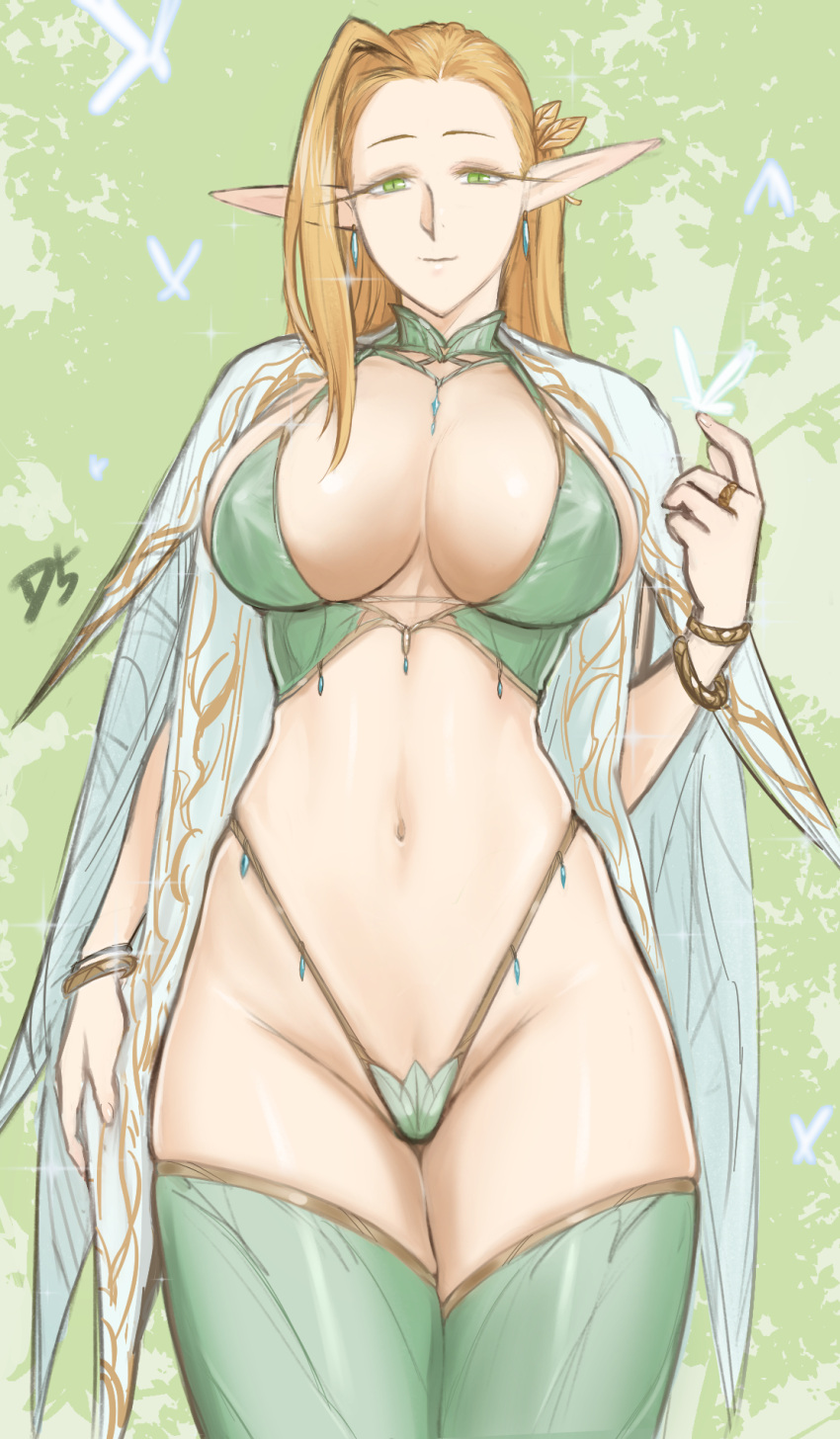 1girl blonde_hair breasts cape commentary cowboy_shot dinelind_(drill_(emilio)) drill_(emilio) elf green_background green_eyes highres large_breasts light_smile long_hair long_pointy_ears looking_at_viewer navel original pointy_ears simple_background solo stomach