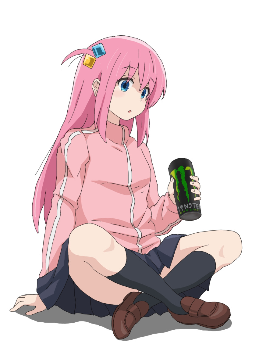 1girl :o arm_support black_skirt black_socks blue_eyes bocchi_the_rock! brown_footwear can commentary_request cube_hair_ornament full_body gotou_hitori hair_ornament highres hirondo holding holding_can indian_style jacket loafers long_hair monster_energy one_side_up parted_lips pink_hair pink_jacket pink_track_suit shoes sitting skirt socks soda_can solo track_jacket