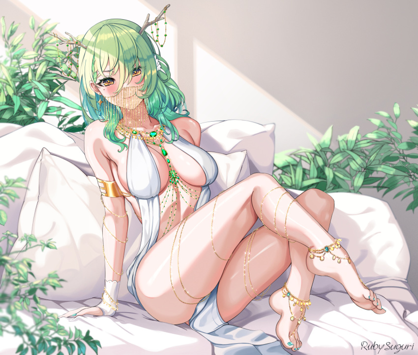 1girl anklet antlers artist_name bare_shoulders barefoot blush bracelet braid braided_bangs branch breasts ceres_fauna cleavage dancer feet flower green_hair green_nails hair_flower hair_ornament harem_outfit highres hololive hololive_english jewelry large_breasts legs long_hair looking_at_viewer mole mole_under_eye mouth_veil multicolored_hair pillow plant revealing_clothes ruby_suguri smile solo thighs veil virtual_youtuber yellow_eyes