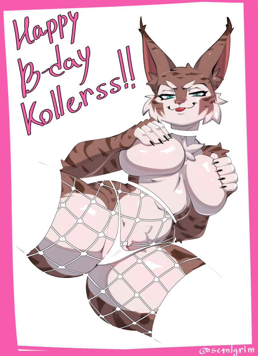 anthro big_breasts blep breasts brown_body brown_fur cheek_tuft clothed clothing covering covering_breasts facial_tuft felid feline female fishnet fishnet_legwear fur happy_birthday hi_res legwear lingerie lynx mammal narrowed_eyes sem-l-grim solo spread_legs spreading stockings thick_thighs thong tongue tongue_out topless tuft underwear white_clothing white_lingerie zeha