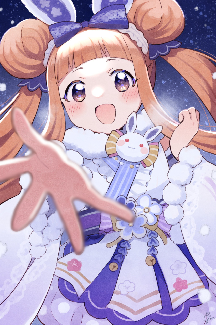 1girl :d absurdres animal_ears blunt_bangs blurry blurry_foreground blush brown_hair double_bun dress fake_animal_ears fur-trimmed_dress fur_trim gum_(vivid_garden) hair_bun hair_ornament hairband highres ichihara_nina idolmaster idolmaster_cinderella_girls idolmaster_cinderella_girls_starlight_stage idolmaster_cinderella_girls_u149 long_hair long_sleeves looking_at_viewer open_mouth purple_ribbon rabbit_ears reaching_towards_viewer ribbon sash smile snowing solo twintails very_long_hair white_dress wide_sleeves