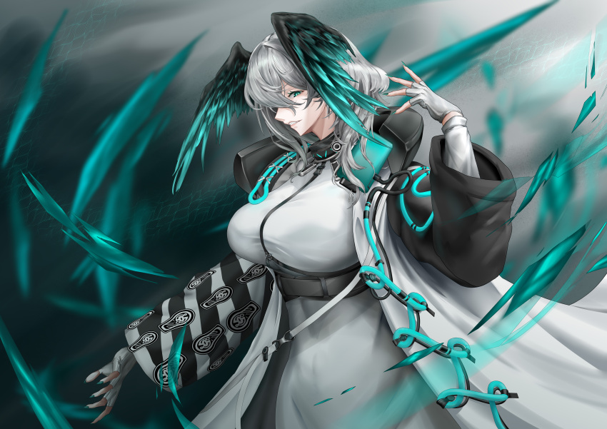 1girl absurdres aqua_eyes arknights breasts clenched_teeth coat commentary_request dress fingerless_gloves gloves grey_gloves grey_hair hand_up head_wings highres ho'olheyak_(arknights) large_breasts long_sleeves looking_at_viewer mushuang_goner open_clothes open_coat short_hair solo teeth upper_body white_coat white_dress wings