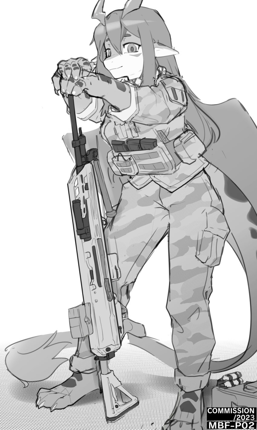 2023 4_toes 5_fingers ammo_box ammunition anthro army_uniform automatic_rifle bottomwear claws clothing dragon feet female fingers gun hi_res horn keizul_(dragon) leaning_on_gun looking_at_viewer magazine magazine_pouch mbf-p02 monochrome pants pose ranged_weapon simple_background solo tactical_gear toes weapon wings